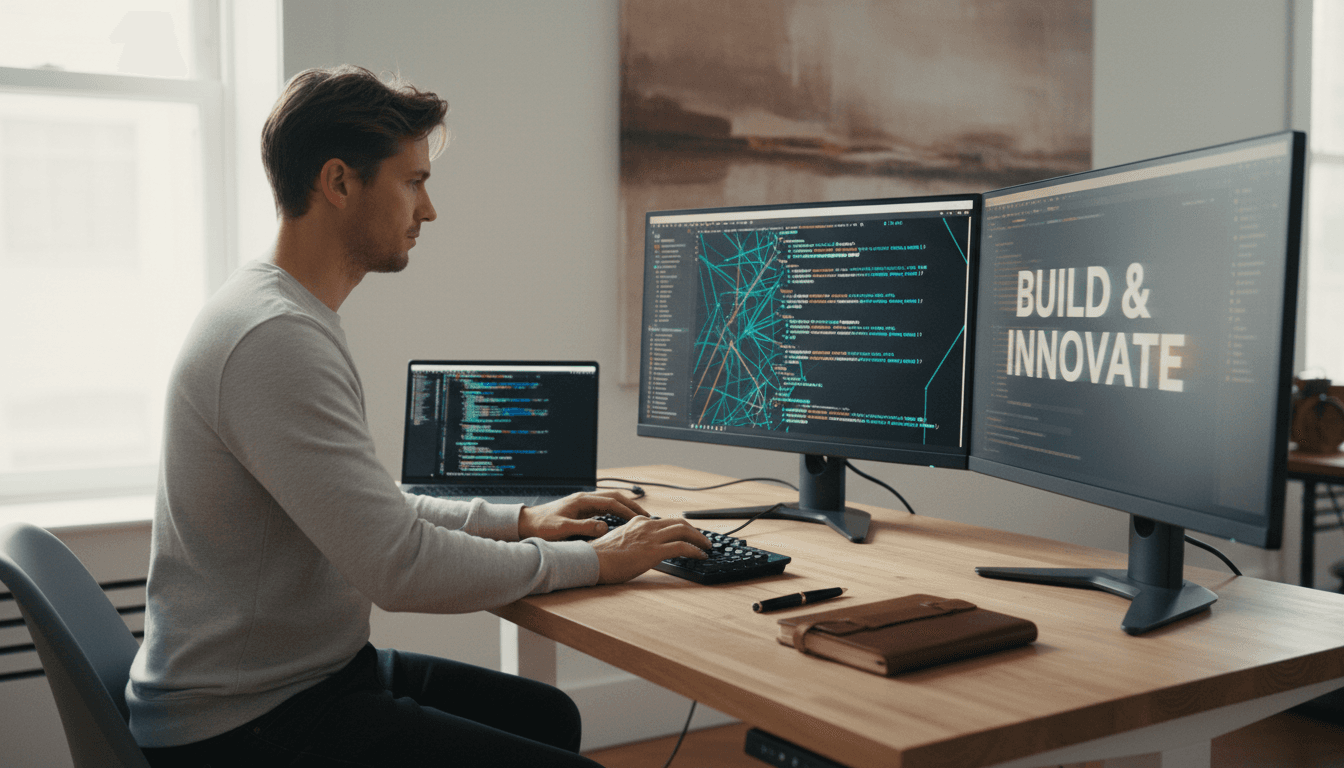 Developer working at desk with code on monitor, focused on building software solutions